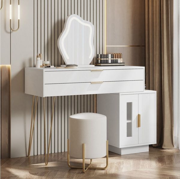 i@home Schminktisch (Schminktisch (ohne Hocker), Dimmbares LED-Licht, ausziehbar, Seitenschrank