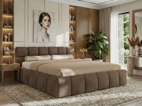 Doppelbett mit Gasdruckfeder, Polsterbett NIRA CLASSIC Holzlattenrost Bett mit Stauraum, gepolstertes Kopfteil Bettkasten - 200 x 200 cm - Braun Velvet