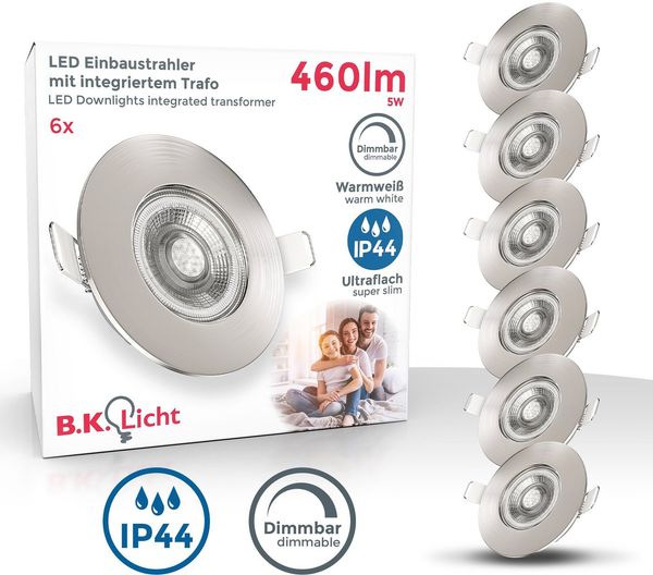 B.K.Licht - 6er Set LED Bad Einbaustrahler 230V dimmbar, flach, warmweiß, LED Spot, Deckenspots, Spots, Einbauleuchten, Einbauspots, Badezimmer, 68mm Lochmass, 90x25 mm, Matt-Nickel