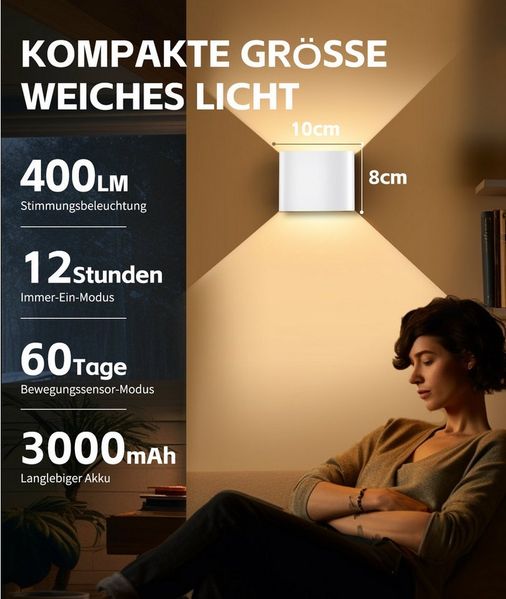 GeyouLux Wandleuchte mit 3000mAh Akku & Bewegungsmelder, 5W 3 Modi 3000K, LED fest integriert, Warmlicht, 2 Stück Aufladbare Wandleuchte Innen