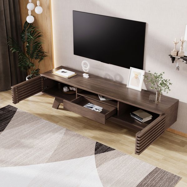 TV-Schrank 150 x 35 x 44 cm, in Holzoptik Natur, mit 2 Türen, 1 Schublade und offenen Fächern