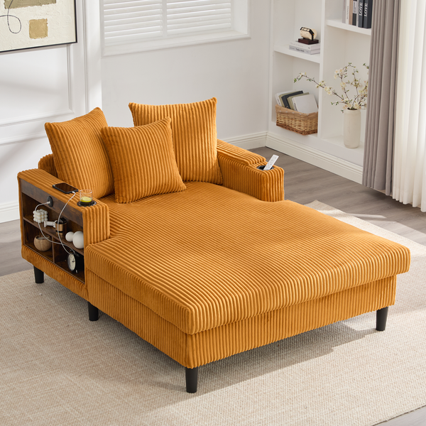 LVHOM Schlafsofa mit LED & USB, Chaiselongue mit Becherhalter & Stauraum, großes Einzelsofa bis 300kg belastbar, inkl. 3 Kissen, 129x170cm, Gelb