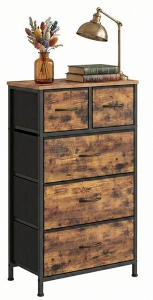 SONGMICS Kommode mit 5 Stoffschubladen, Schrank für Schlafzimmer, Stahlgestell, 50,6 x 30 x 96,2 cm, Rustikales Braun
