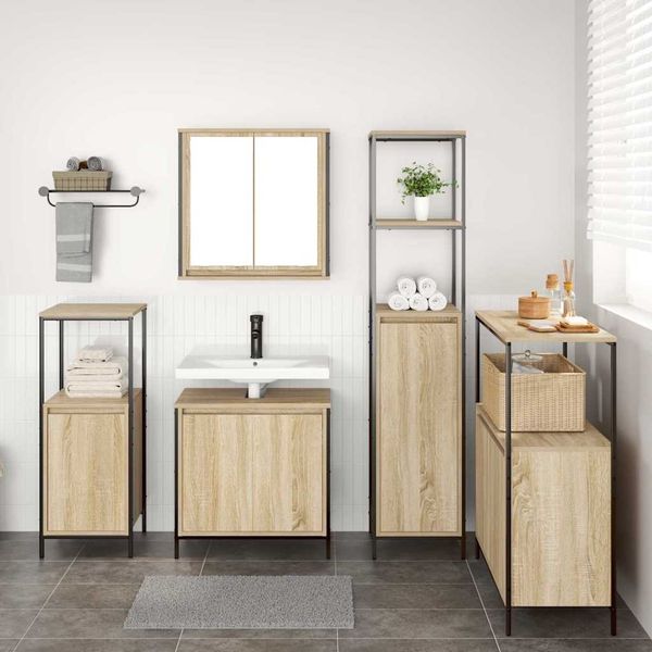 vidaXL Badezimmermöbel-Set mit Regal 5 pcs Sonoma Eiche und Schwarz 3328385