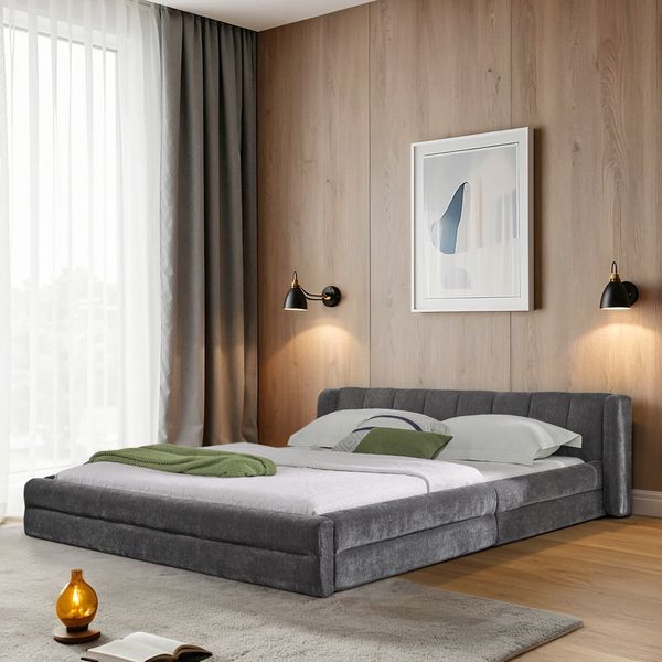 Flieks Doppelbett 160x200cm, Polsterbett Chenille mit Rückenlehne & Eukalyptus-Eisengestell, Grau