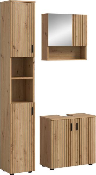 welltime Badmöbel-Set MANI, 3-tlg. Badkombination, Paneeloptik, (Set, 3-St, Set, best. aus:1Badschrank, 1Waschbeckenunterschrank, 1Spiegelschrank), Bad-Kombination, Bad-Möbel, Badezimmer, Kombination, Kombi