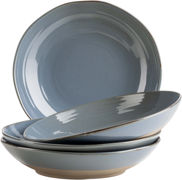 4er Suppenteller Set mit filigranem Linienspiel und edler Glasur, große tiefe Teller für Pasta und Suppen aus Keramik in modernem Vintage Look; Blau / Grau