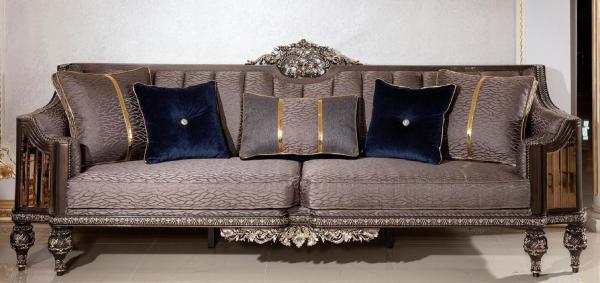 Casa Padrino Luxus Barock Sofa Grau / Dunkelbraun / Gold - Prunkvolles Wohnzimmer Sofa mit elegantem Muster - Barock Wohnzimmer & Hotel Möbel - Edel & Prunkvoll