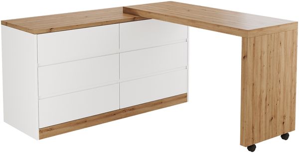 Flieks Schreibtisch mit Rollen, drehbare Tischplatte, multifunktionaler 2-in-1 Schreibtisch & Sideboard, 6 Schubladen, 120 × 50 × 78 cm, Weiß/Eiche Bild 5