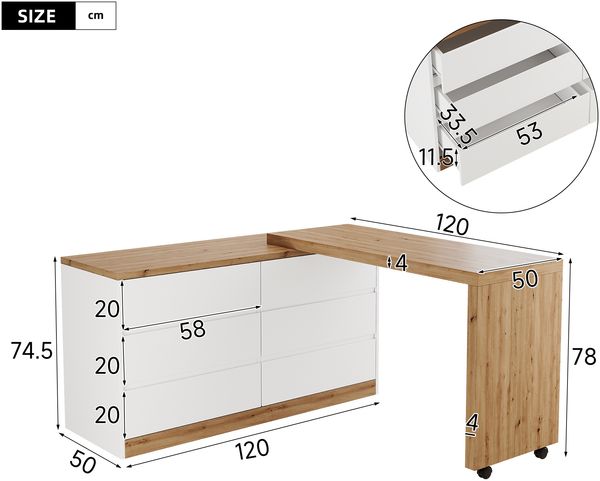 Flieks Schreibtisch mit Rollen, drehbare Tischplatte, multifunktionaler 2-in-1 Schreibtisch & Sideboard, 6 Schubladen, 120 × 50 × 78 cm, Weiß/Eiche Bild 4