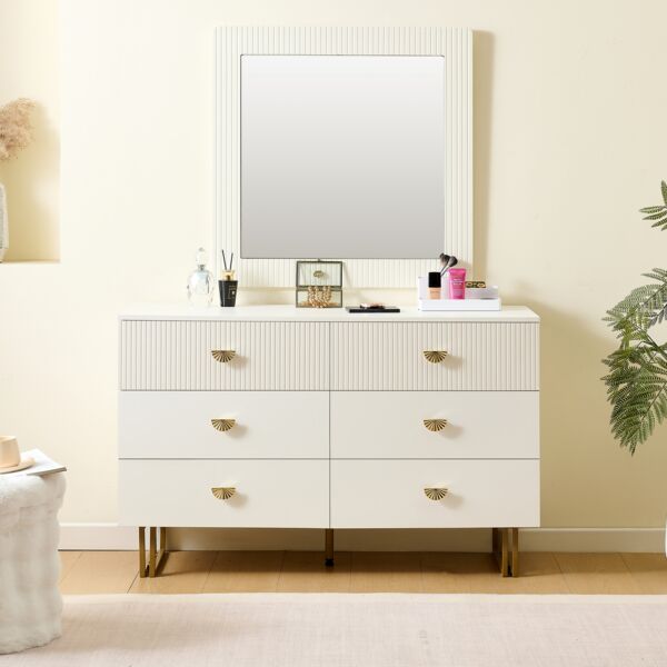 Sideboard-Set MDF mit 6 Schubladen & Wandspiegel 80x80 cm, 120x40x75 cm, Weiß