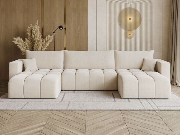 GRAINGOLD Ecksofa U-Form Neva U, Ecksofa mit Schlaffunktion, Bettkasten, mit losen Kissen, Velour-Stoff, Beige