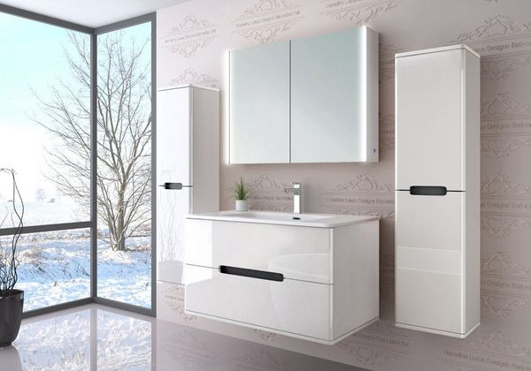 Homeline Badmöbel-Set Bad Möbelset Badezimmer Möbel Hochglanz 90 cm Eiche / Weiß Schwarz, (Spar-Set, 4-St, Fünfteiliges Set), Spiegelschrank mit Keramikbecken, Hochglanz