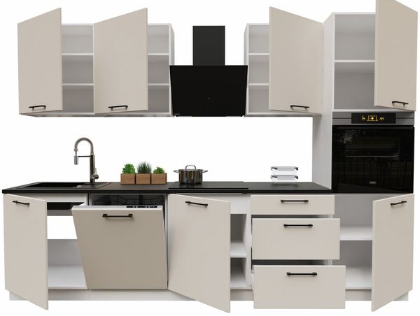 Möbel für Dich Küchenzeile Moderne Einbauküche Denis 300 cm 8-teilig, mit Fronten in Weiß Hochglanz oder Beige matt
