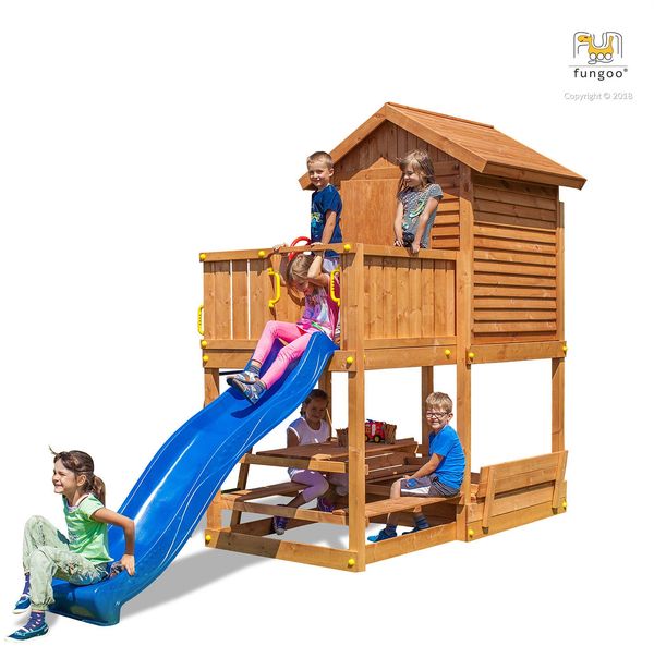 Fungoo Spielturm "My House Free Time Beach", teak,mit Picknicktisch, Sandkastenabdeckung, Rutsche Haus mit Holzdach