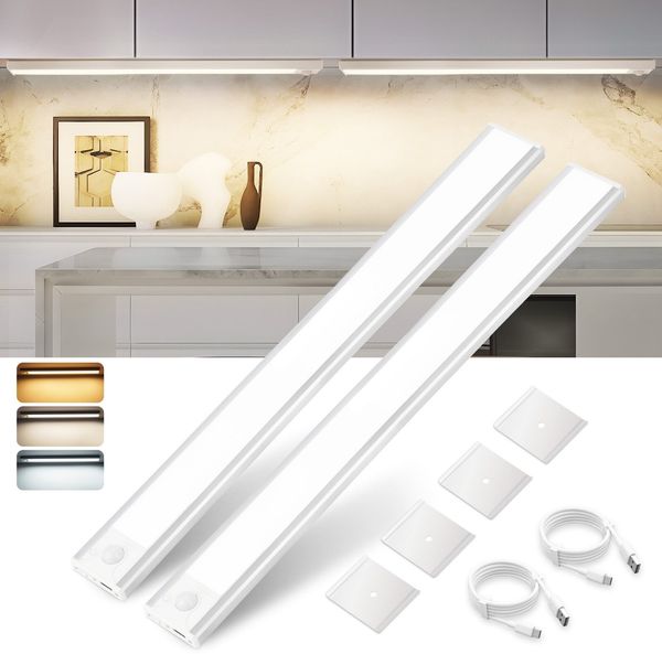 ZMH Unterbauleuchte Küche Led mit Bewegungsmelder - 40CM 2 Stück Silber Schrankbeleuchtung Dimmbar 3 Farbtemperatur Schrankleuchte USB 1500mAh*2 Wiederaufladbar Treppenlicht für Schlafzimmer Flur