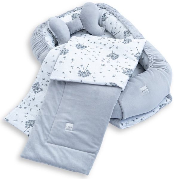 Loolay Kuschelnest BABYNEST + DECKE + Kissen Babyausstattung Baumwolle & Samt Velours, (MUSTER: GRAU Samt Velour/ Pustelblume Weiß, 3-tlg, Liebevoll handgefertigt Nestchen! Geborgenheit Komfort für Neugeborene), Premium Ausstattung - 100% Europäische S...