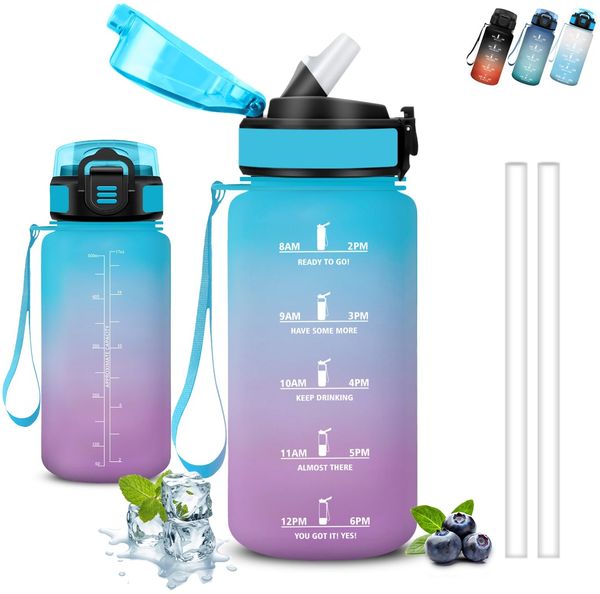 Trinkflasche Kinder, Trinkflasche 500ml, Wasserflasche mit Strohhalm, Leicht zu Reinigen, Wasserflasche Auslaufsicher, Kann mit dir Tragen, Flasche mit Zeitmarkierung, Flasche für Schule, Camping
