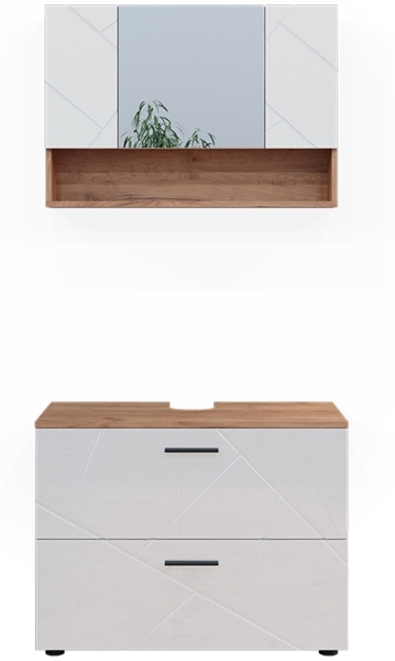 Badmöbel-Set Irma Weiß Hochglanz/Goldkraft Eiche 2 Teile, Unterschrank 80 cm Vicco