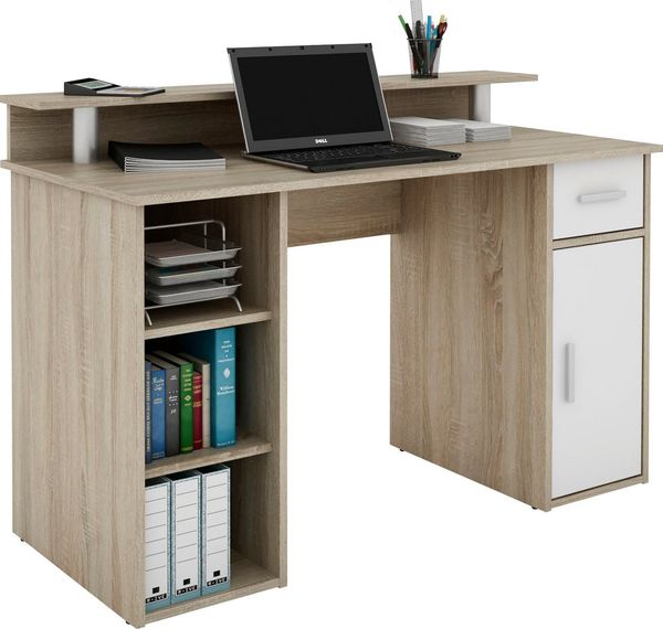 byLIVING Schreibtisch DIEGO / Arbeits-Tisch mit viel Stauraum in Sonoma Eichen-Holz-Optik / Fronten in Weiß / Computer-Tisch / 1 Schublade, 1 Tür, 3 offene Fächer / 120 x 88 x 55 cm (BxHxT)