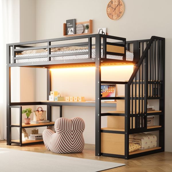 90*200 Metall-Hochbett,mit LED-Lichtleiste und Steckdose,mit Aufbewahrungsleiter,Regalen und Tisch, Sicherheitszaun-Design , Hohes Eisenrahmenbett mit Metallrahmen für stabile Unterstützung, Schwarz