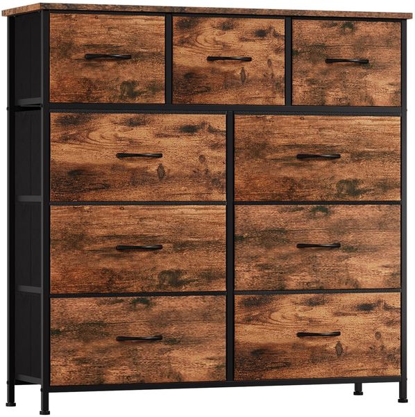 Somdot Kommode mit Schubladen, Stoffkommode, Kommode für Schlafzimmer Wohnzimmer Flur, Komodenschrank Schubladenschrank Aufbewahrungsschrank, 9 Stoffschubladen, Holzmaserung