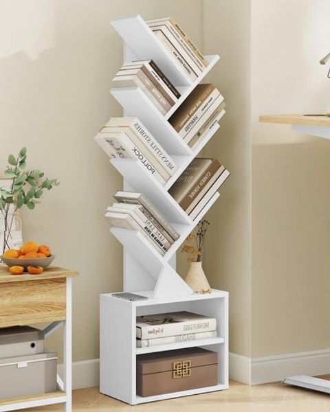 VASAGLE Standregal in Baumform, Bücherregal, 20,3 x 38 x 123,2 cm, mit 2 Fächern, weiß