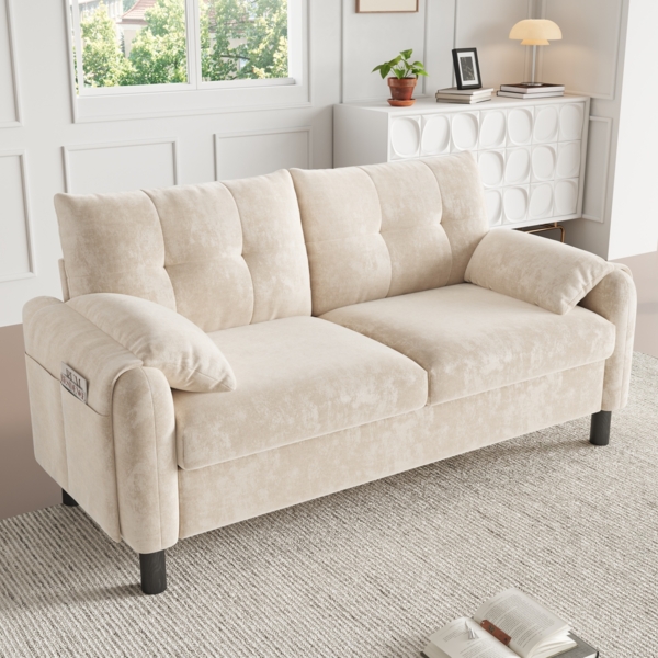 Merax 2-Sitzer Sofa, bequemes Polstersofa aus Chenille Stoff mit dicken Kissen, gemütliche Couch, Beige