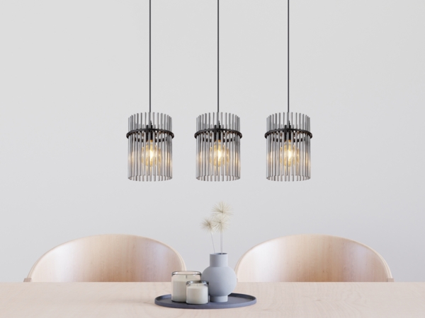 LED Pendelleuchte 3-flammig mit Rauchglas Stäben, Breite 80cm