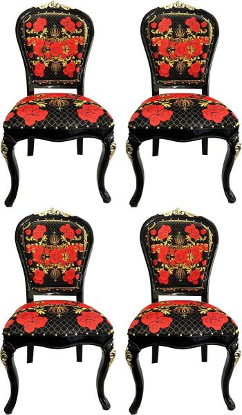 Pompöös by Casa Padrino Luxus Barock Esszimmerstühle Roses Schwarz / Rot / Gold - Esszimmer Set - 4 Pompööse Barock Stühle designed by Harald Glööckler