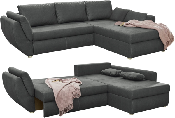 Ecksofa Schlaffunktion Couch mit Rutschenlehne Bettkasten Mikrofaser Dunkelgrau