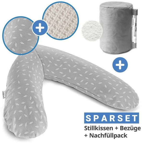 Theraline Stillkissen Das Original - Leaves & Feinstrick Creme, Schwangerschaftskissen, Seitenschläferkissen 190 cm inkl. Nachfüllpack
