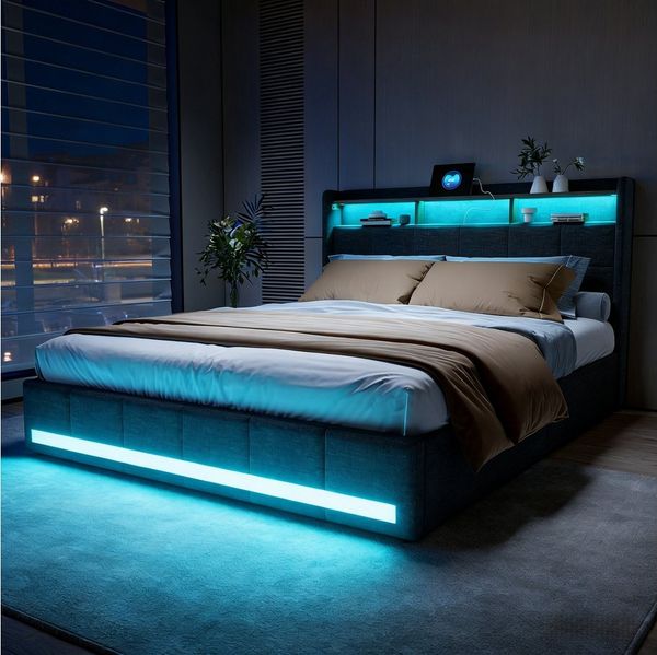Furnishings Home Polsterbett LED Doppelbett Stauraumbett mit Kopfteil und 4 Schubladen (Leinenmaterial Polsterbett mit RGB Beleuchtung, 160x200cm), mit Lattenrost und Ladefunktion, mit Komforthöhe, Leises Design Bett