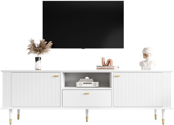 TV-Schrank mit offenen Fächern und Schubladen, lackierte Strukturoberfläche, Soft-Close-Scharniere