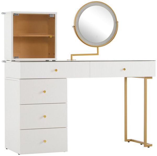 REDOM Schminktisch luxuriöser Frisiertisch für moderne Schlafzimmer (Frisiertisch mit Schubladen und Kommode, ohne Hocker, 120*45*115 cm), mit 3-farbigen LED-beleuchtetem Spiegel, transparenter Tischplatte