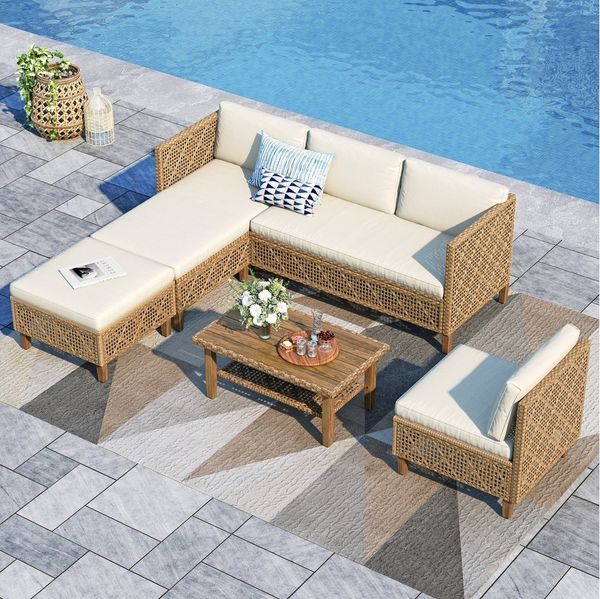 PHI VILLA Gartenlounge-Set, (1 Zweisitzer-Sofa, 2 Einzelsofas, 1 Chaiselongue und 1 Kleiner Couchtisch, PE Rattan Lounge Möbel Outdoor), 6 Personen Terassenmöbel Außen Gartensofa, Beige und Dunkelblau