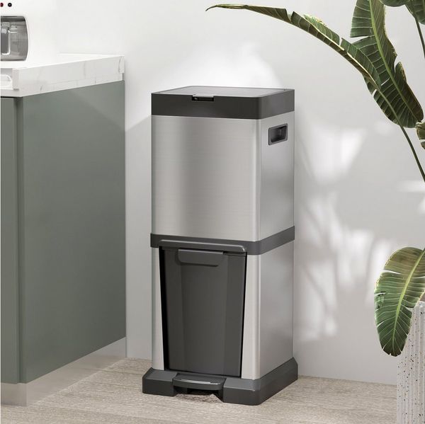 HOMCOM Mülltrennsystem 20+14L Treteimer mit Deckel Fußpedal Kippfach Inneneimer, für Wohnzimmer Büro Edelstahl Silber 32,5 x 31,5 x 78 cm