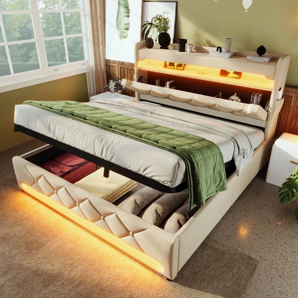 Polsterbett Betten mit Hydraulisch Stauraum, USB und Typ C-Port, LED-Funktion, Beige,180*200cm,ohne Matratze