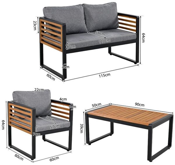 Celya Gartenlounge-Set Gartenmöbel-Set, mit Sofas, mit esstisch, Einzelstühle, breites Set, (Hof, Außenbereich, Wohnzimmer, 2x2-Sitzer-Sofa, 4 Einzelstühle, 2x Tisch), Graue, dekorative Armlehnen aus Holz mit verzinktem Eisenrahmen