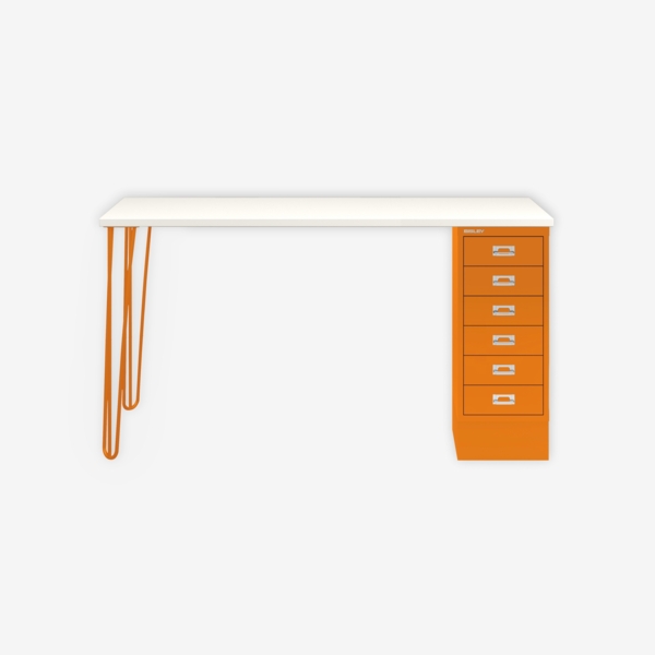 MultiDesk, 2 Stahlfüße, 1 MultiDrawer mit 6 Schüben, Dekor Weiß, Farbe Orange, Maße: H 740 x B 1400 x T 600 mm
