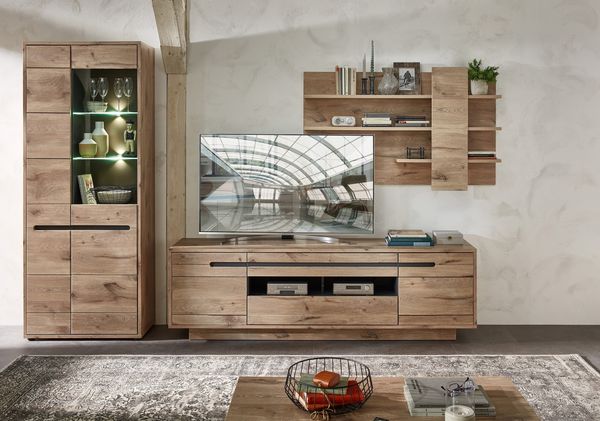 Wohnwand >Bellano< in Viking Oak Dekor, MDF, Spannplatte - 322x202x44cm (BxHxT)