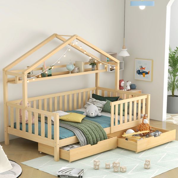 Kinderbett in Holzfarbe,Kinderbett Hausbett mit Schubladen,Massivholz mit Lattenrost, Kiefernholz Hausbett , Kinder und Jugendzimmer,90x200,Natur