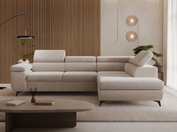 GRAINGOLD Ecksofa L-Form Argon L, Couch mit Wellenfeder, mit Schlaffunktion und Bettkasten, Velour-Stoff, Beige