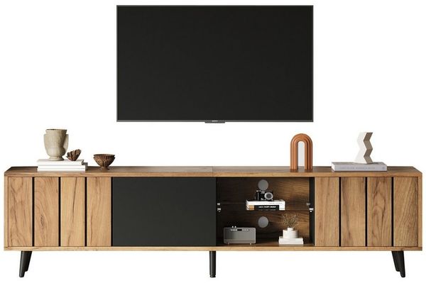 Merax Lowboard Fernsehschrank in Holz-Schwarz (Fernsehschrank 175x31.5x45cm, 1 St), TV-Schrank mit 3 Türen, gehärtetem Glasregal und 6 Stützbeinen