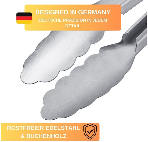 Thiru Grillzange mit Edelstahllaffen, gummierten Griffen und Aufhängeöse, abgerundete Laffen