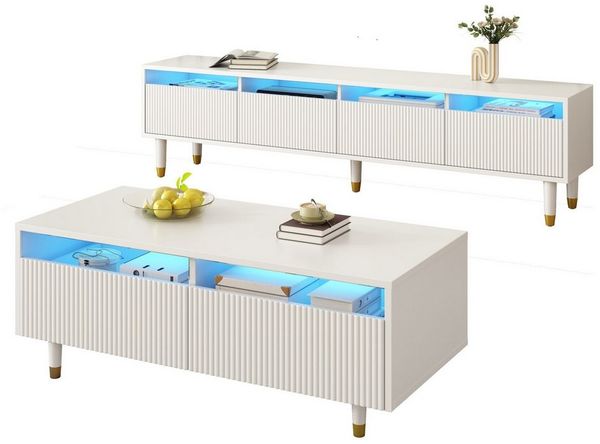 Furnishings Home TV-Schrank LED-Möbelset: TV-Schrank 4 Türen & Couchtisch 2 Schubladen Gold-Design (2-St) Stylische Acrylschubladen mit 3D-Wellenstruktur