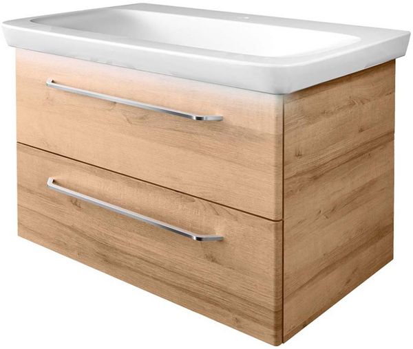 FACKELMANN MILANO Waschbecken mit Unterschrank 88 cm breit, Braun hell, Waschbecken Keramik Weiß + Waschbeckenbeleuchtung