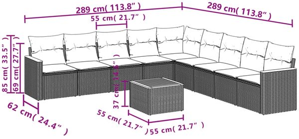 vidaXL 10-teiliges Gartensofa-Set mit Kissen, grau, Polyrattan 3226068 Bild 8