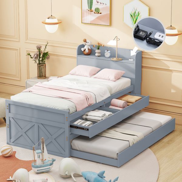 Einzelbett Massivholzbett Kiefer 90x190 Multifunktionales mit ausziehbarer Schublade Lattenrost, Nachttisch mit Ablagen mit USB-Buchse Jugendbett Gästebett Grau