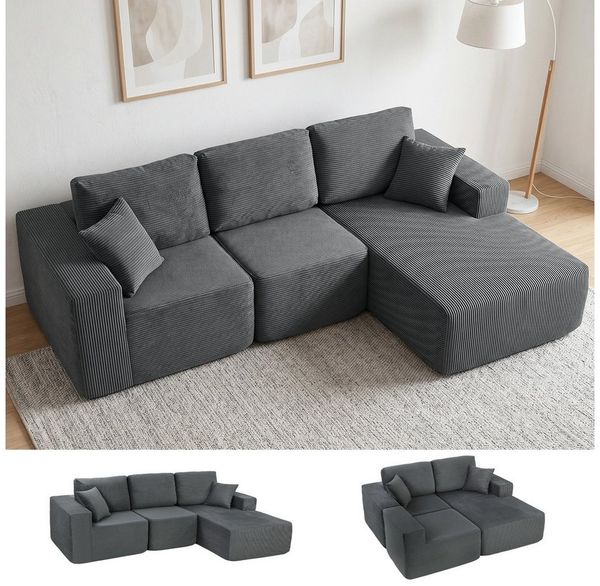 HOMCOM Ecksofa Breite Sitzfläche, 3-Sitzer Schlafsofa 2 in 1 3 Teile, mit Kissen, Cord-Optik für Wohnzimmer, Dunkelgrau